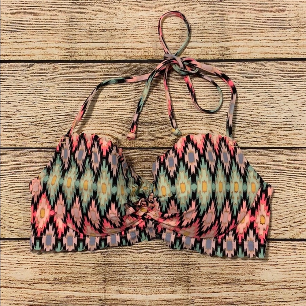 VS 32C Bikini Top Victoria's Secret Warm Ikat Foil The Getaway Halter Scalloped